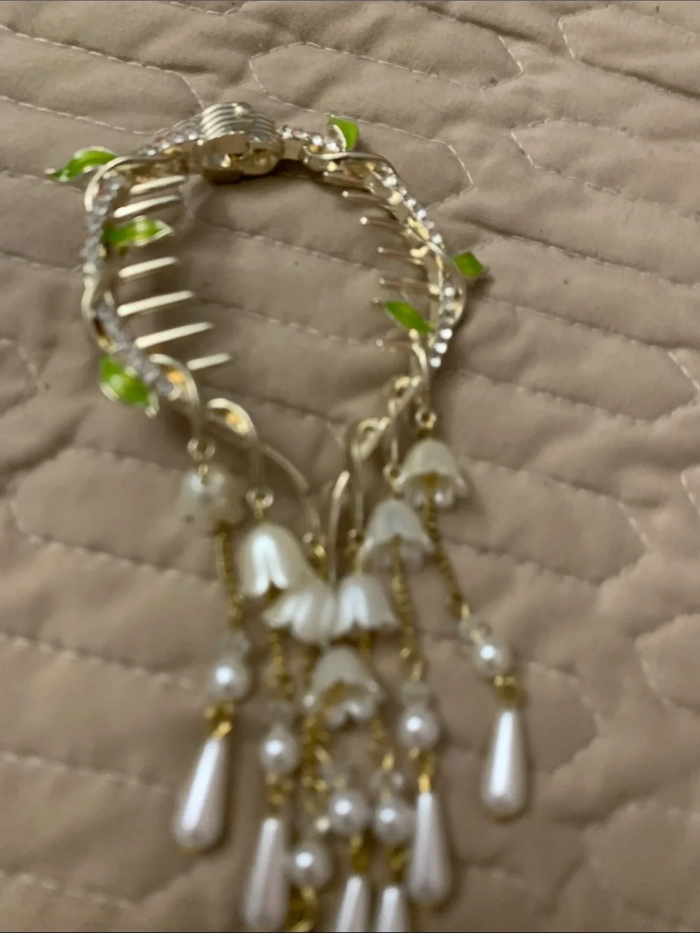 Gold Tone Floral Vine Hair Comb with Pearl Drops - White & Green